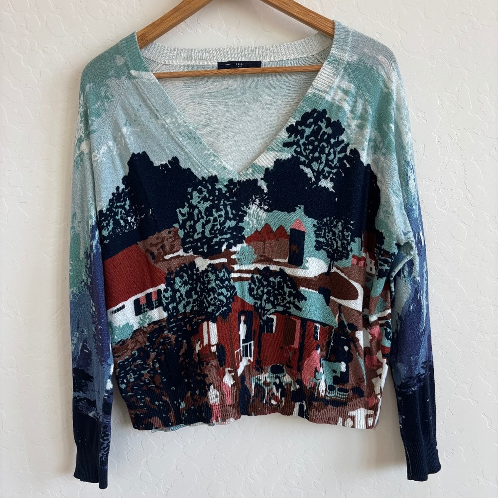 HIGH Everyday Couture HUDDLE Scenic Landscape Cotton V-Neck Sweater - Size L
